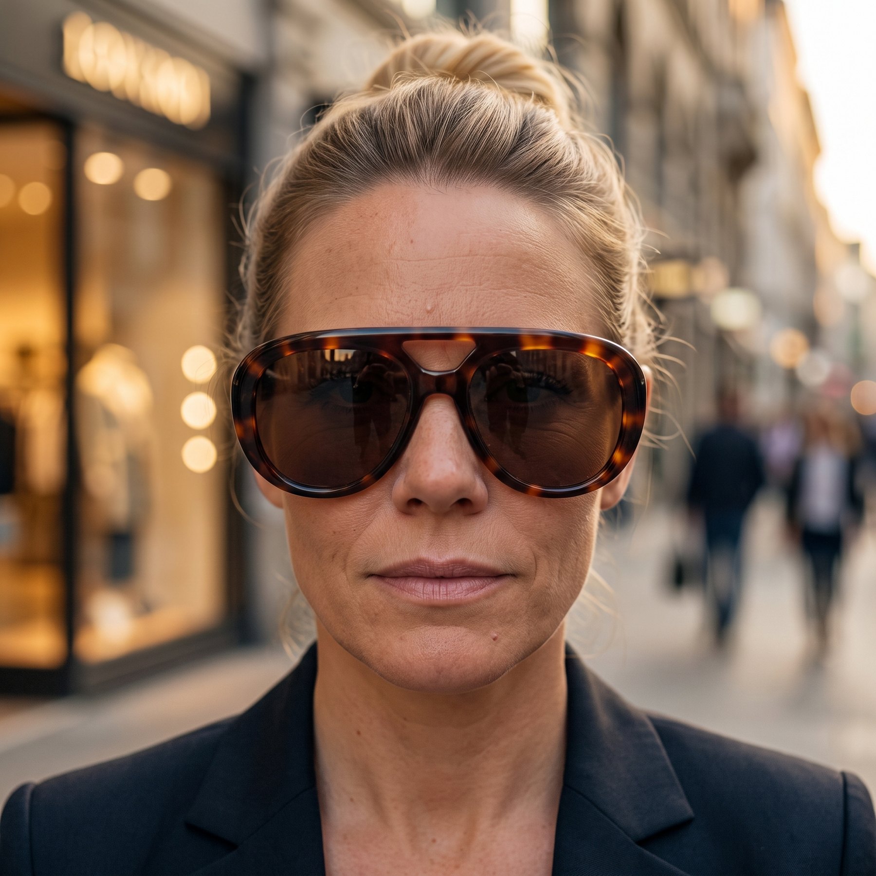 Vor der Boutique — der Aviator frontal, Muster und Aussparung lesbar.